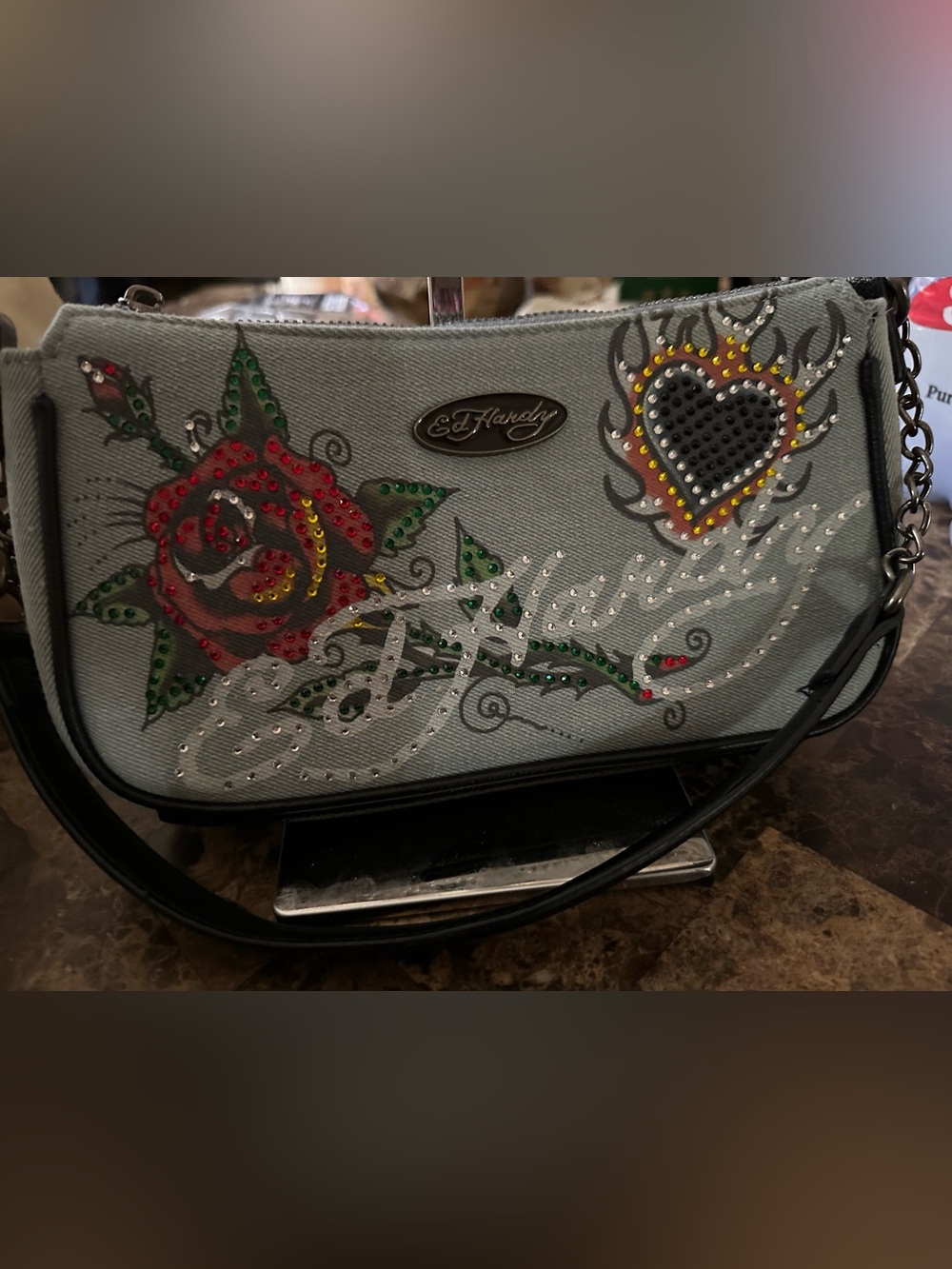 Ed Hardy Gray Embellished Floral Heart Crossbody